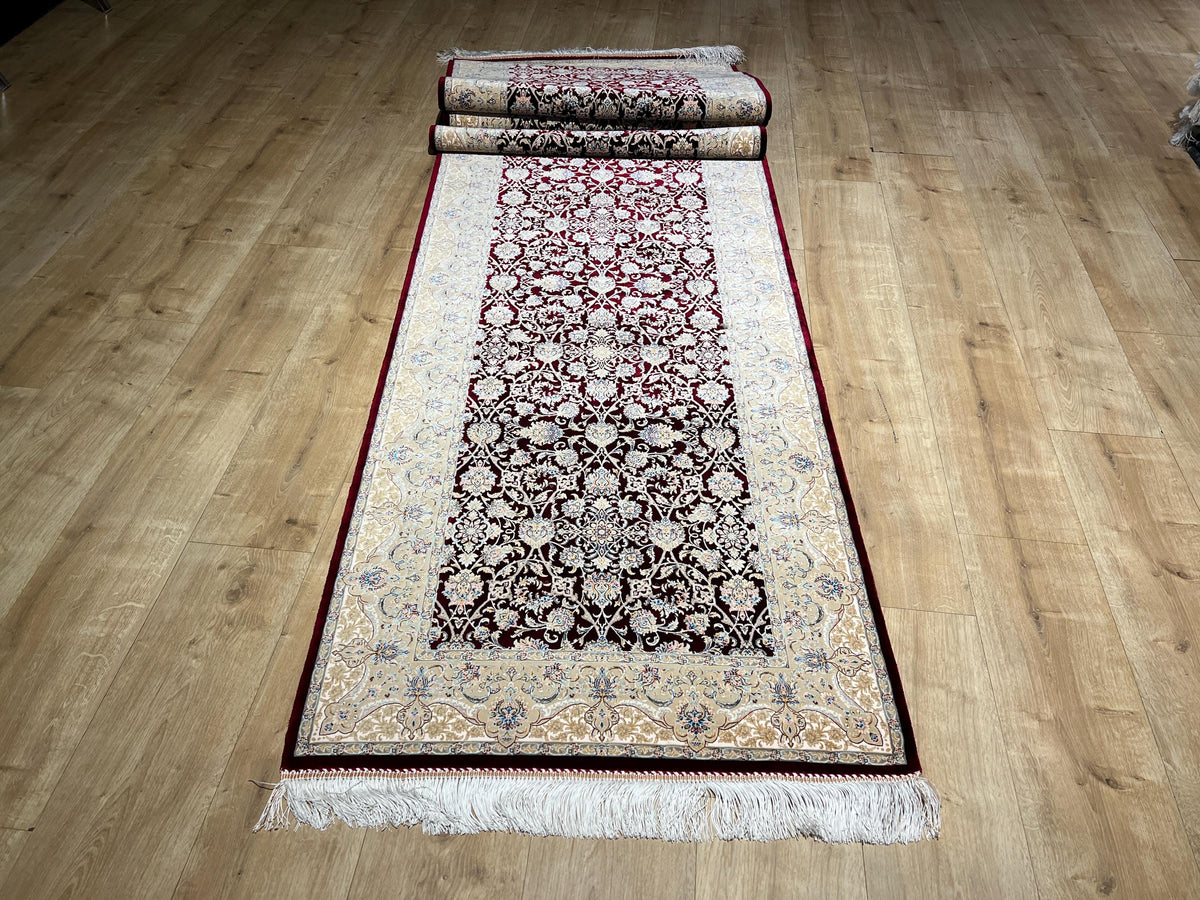 3x13 ft Red Silk Runner Rug, Blue Medallion, Classic Luxury Hallway Rug