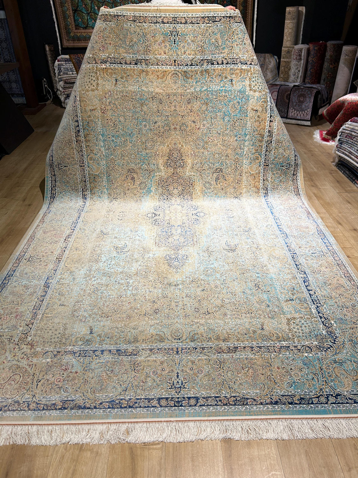 Beige Blue Silk Rug, Classic Silk Carpet with Distressed Pattern