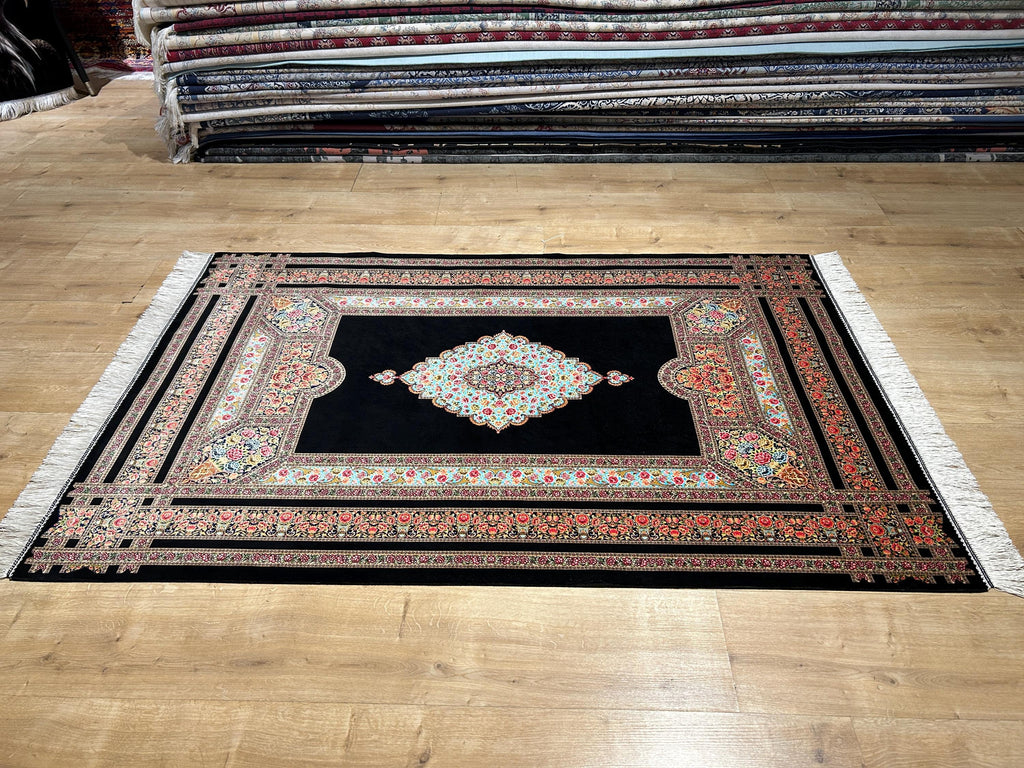 Black Silk Rug, Floral Medallion and Border Design Classic Luxury Silk Carpet