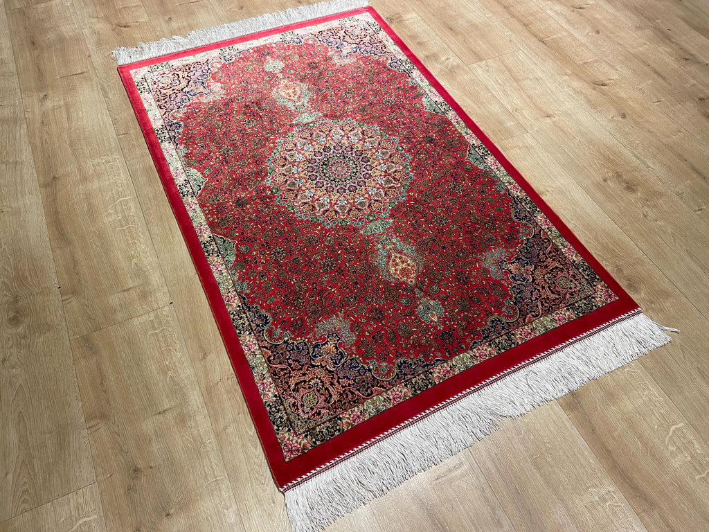 Red Small Silk Rug, Medallion Design Small Gift Carpet, Luxury Home Decor