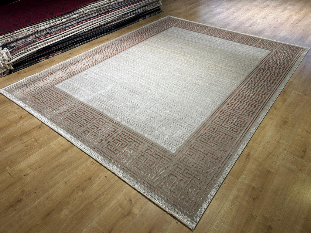8x10 ft Brick Colour Gray Cream Bamboo Rug, Bordered Minimalist Modern Rug