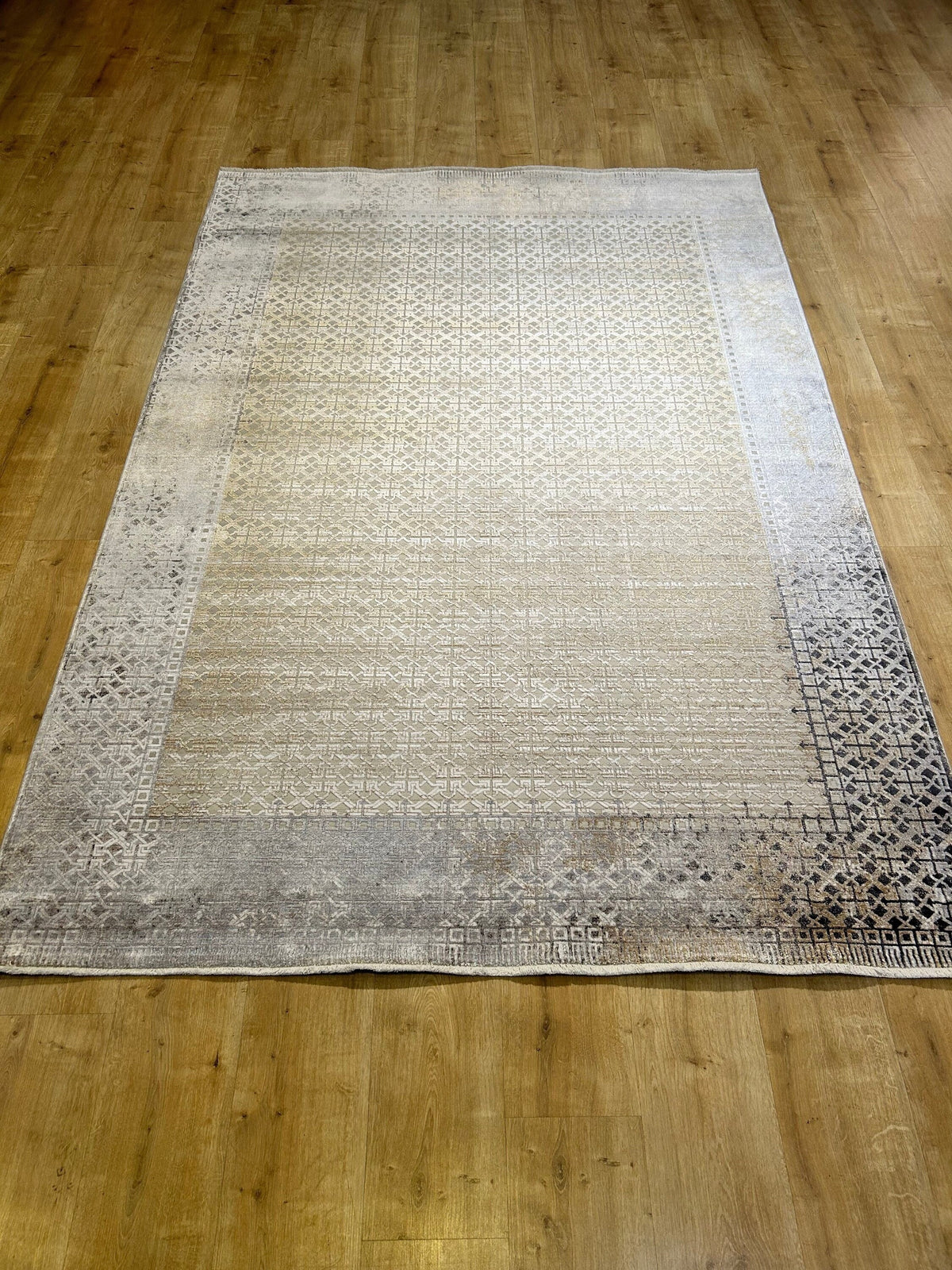 Gray Gold Geometric Bamboo Rug with Ethnic Modern Patterns