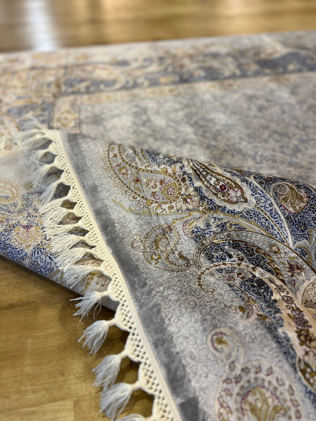 Gray Gold Modal Silk Rug, Turkish Carpet, 7x10 ft