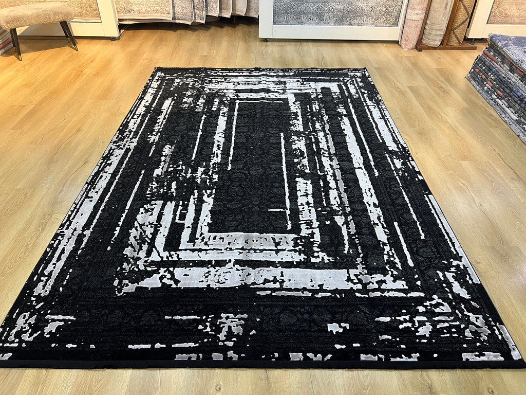 7x10 Ft Black Ethnic Distressed Bamboo Rug with Gray Modern Lines