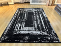 7x10 Ft Black Ethnic Distressed Bamboo Rug with Gray Modern Lines