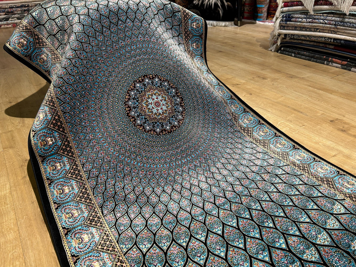 Blue Black Silk Runner Rug, Medallion Peacock Tail Design Rug, Traditional Carpet