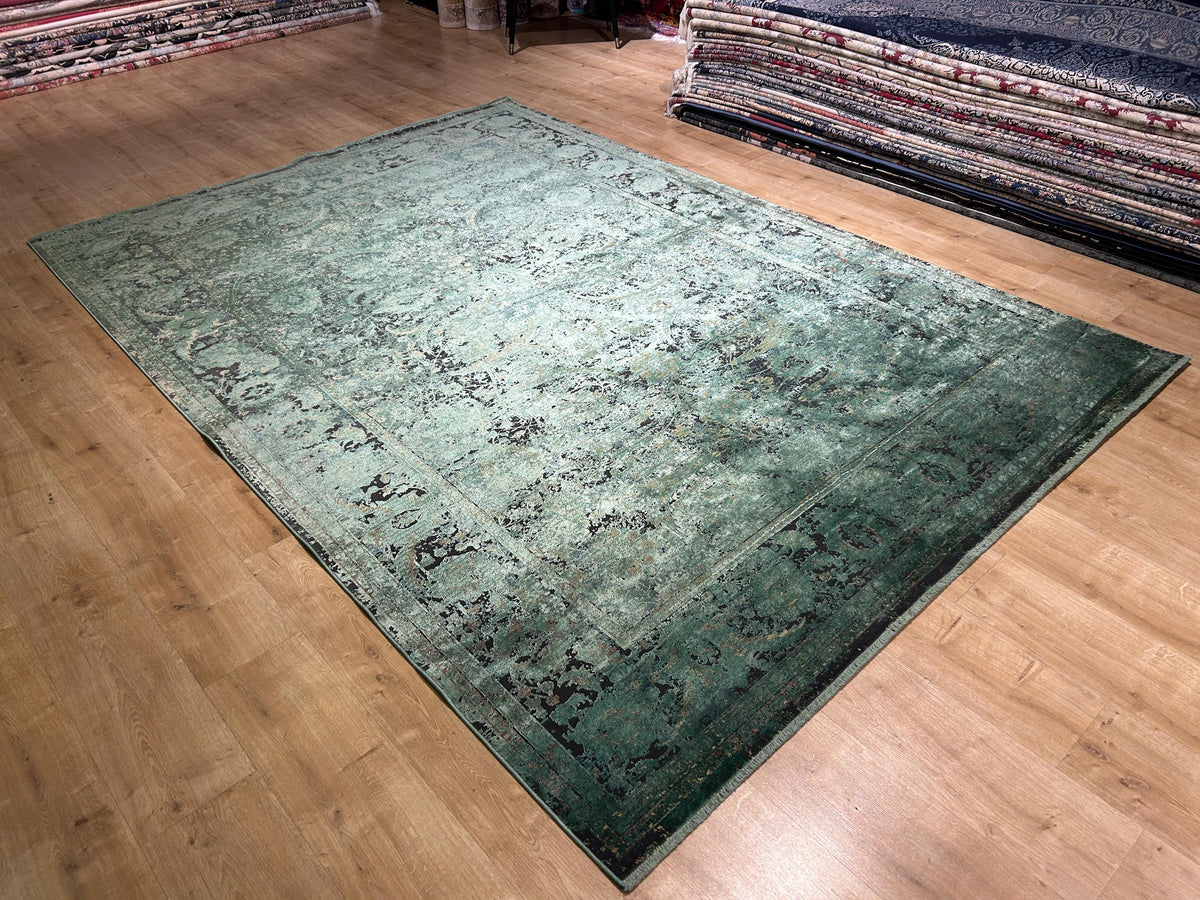 7x10 ft Green Bamboo Rug, Distressed Pattern Vintage Area Rug, Luxury Home Decor