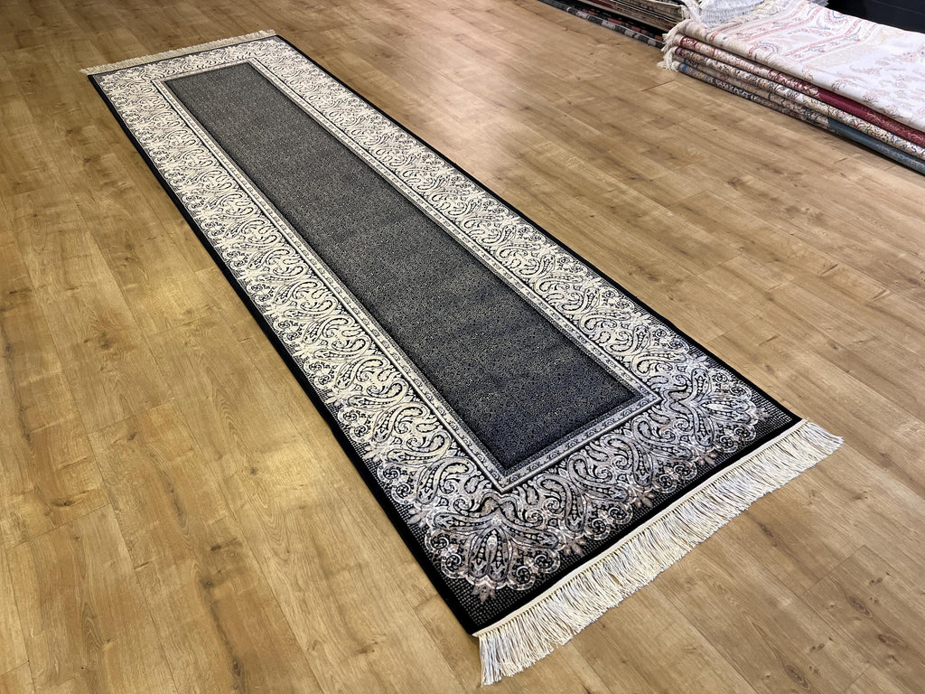 Black Silk Runner Rug with Framed Border, 3x10 ft, Classic Luxury Hallway Rug