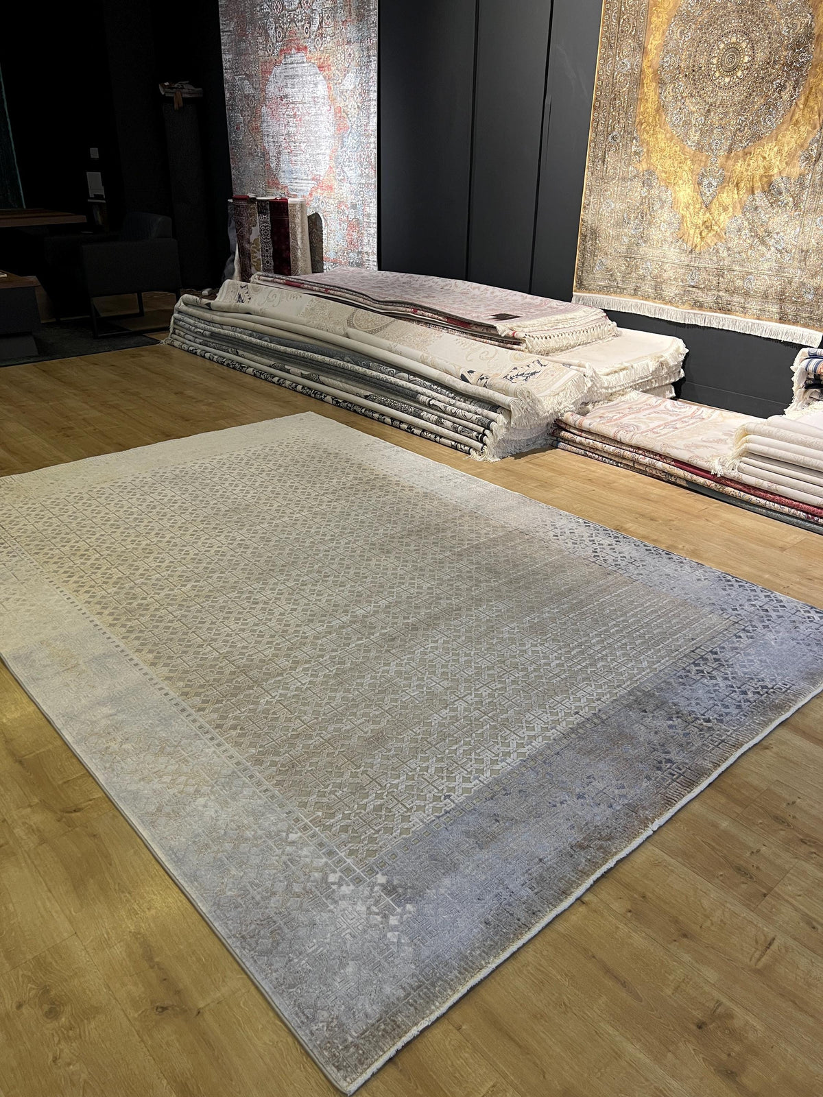 7x10 ft Gray Gold Geometric Bamboo Rug with Ethnic Modern Patterns