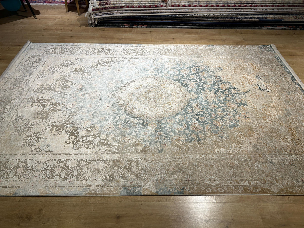 Beige Blue Silk Rug, Medallion Design Classic Silk Carpet
