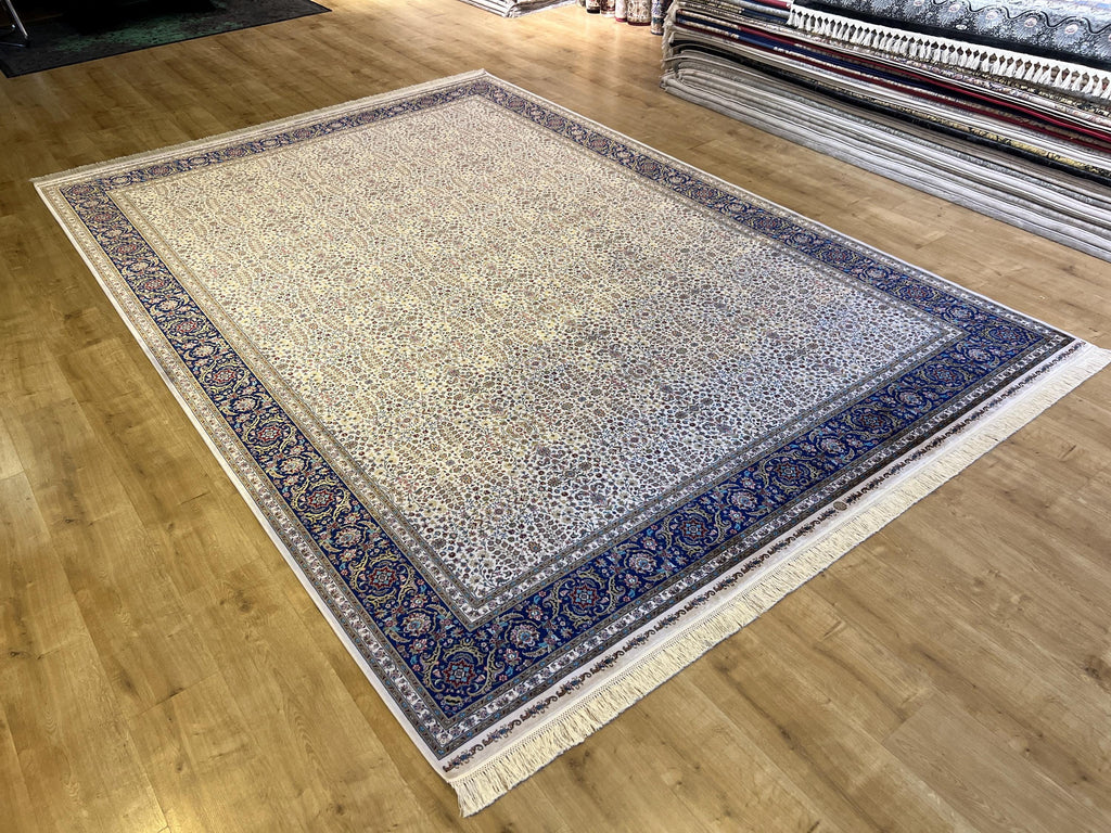 Ivory Blue Floral Silk Rug, Traditional Turkish Carpet, Luxury Home Decor