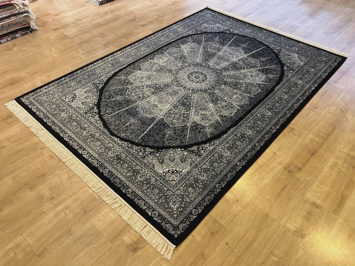 5x8 ft Black Silk Rug, Gray Medallion, Classic Turkish Style, Luxury Carpet
