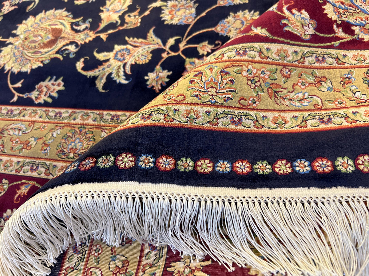 Dark Blue Red Silk Rug 10x13 ft, Turkish Ottoman Style, Oversized Soft Area Rug