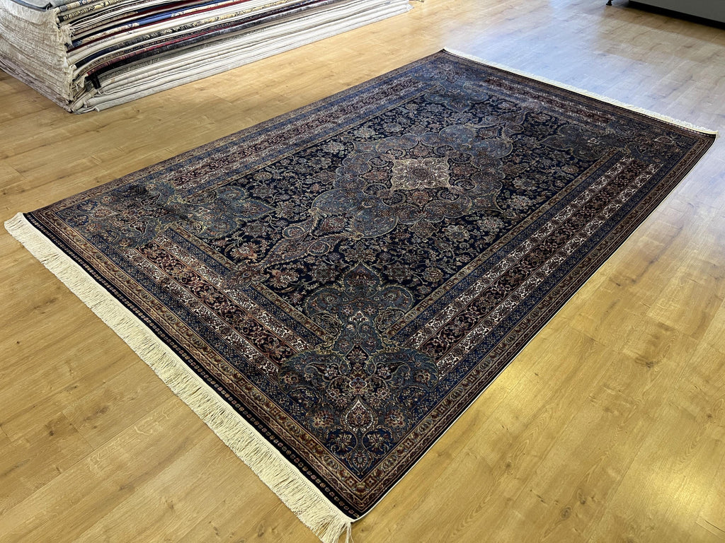 7x10 ft Dark Blue Silk Rug, Classic Medallion Design Silk Carpet, Luxury Home Decor