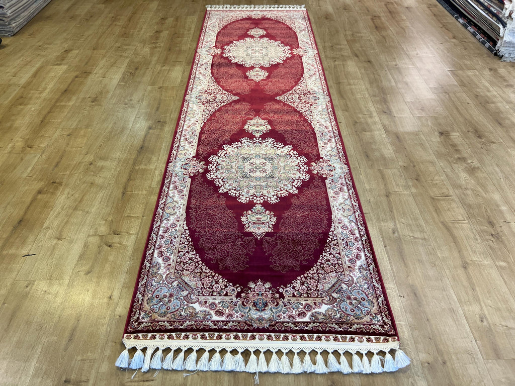 Red Medallion Silk Runner Rug, 3x10 ft, Classic Turkish Style Luxury Rug