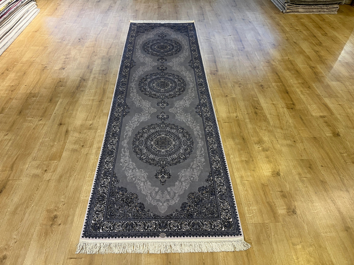 Gray Blue Medallion Silk Runner Rug, 3x10 ft, Classic Luxury Hallway Rug