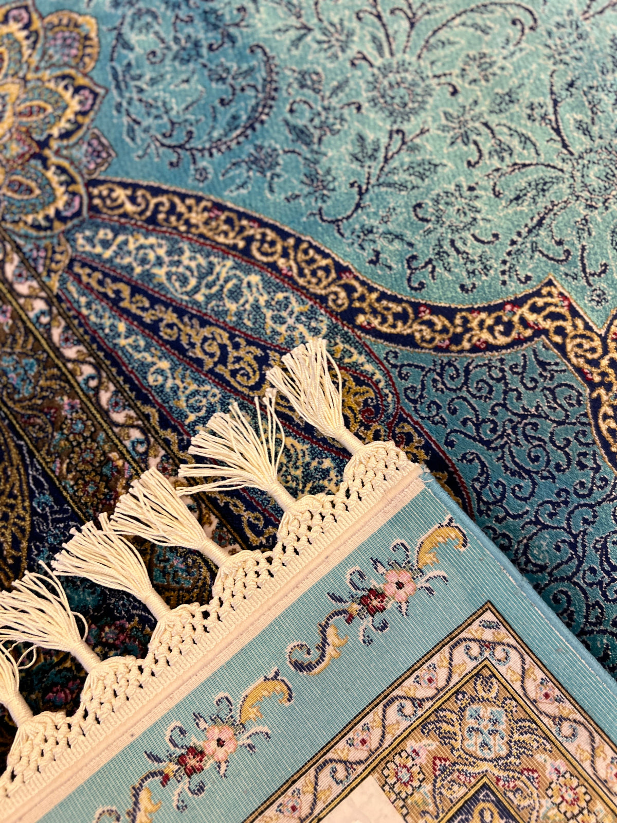 Blue Gold Modal Silk Rug, Classic Turkish Style, Medallion Pattern
