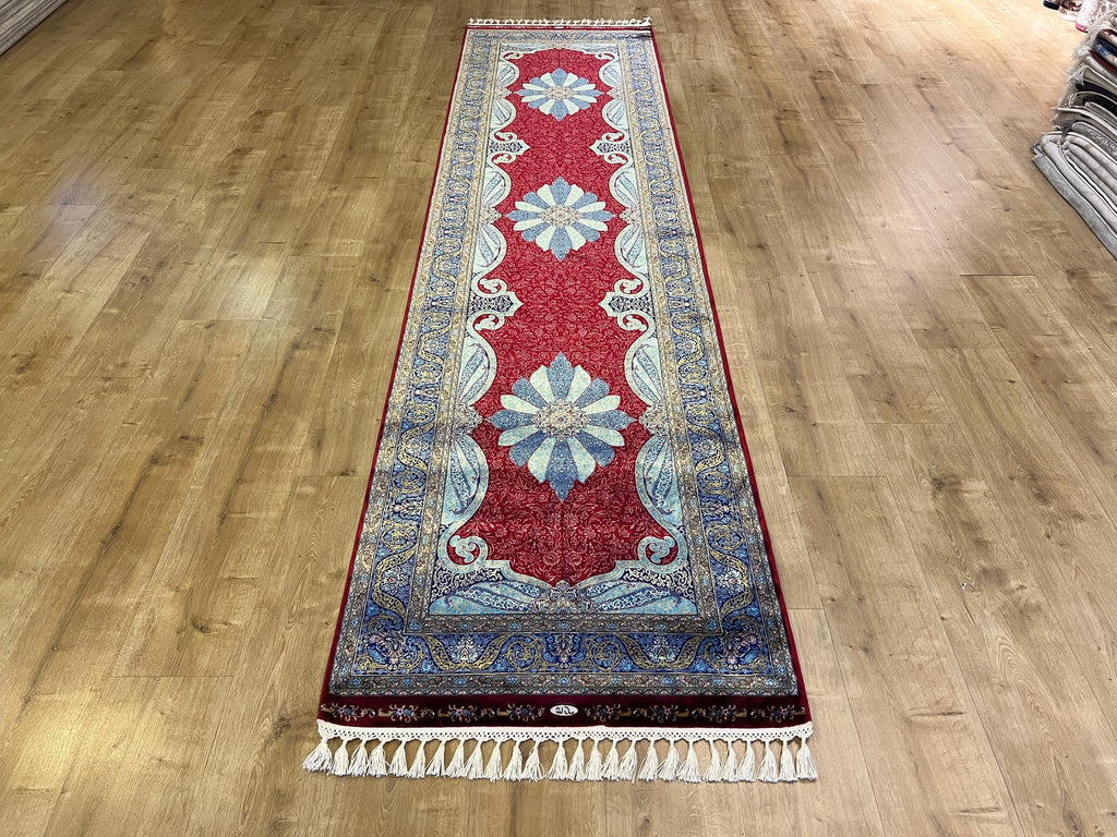 3x10 ft Red Silk Runner Rug, Blue Medallion, Classic Luxury Hallway Rug