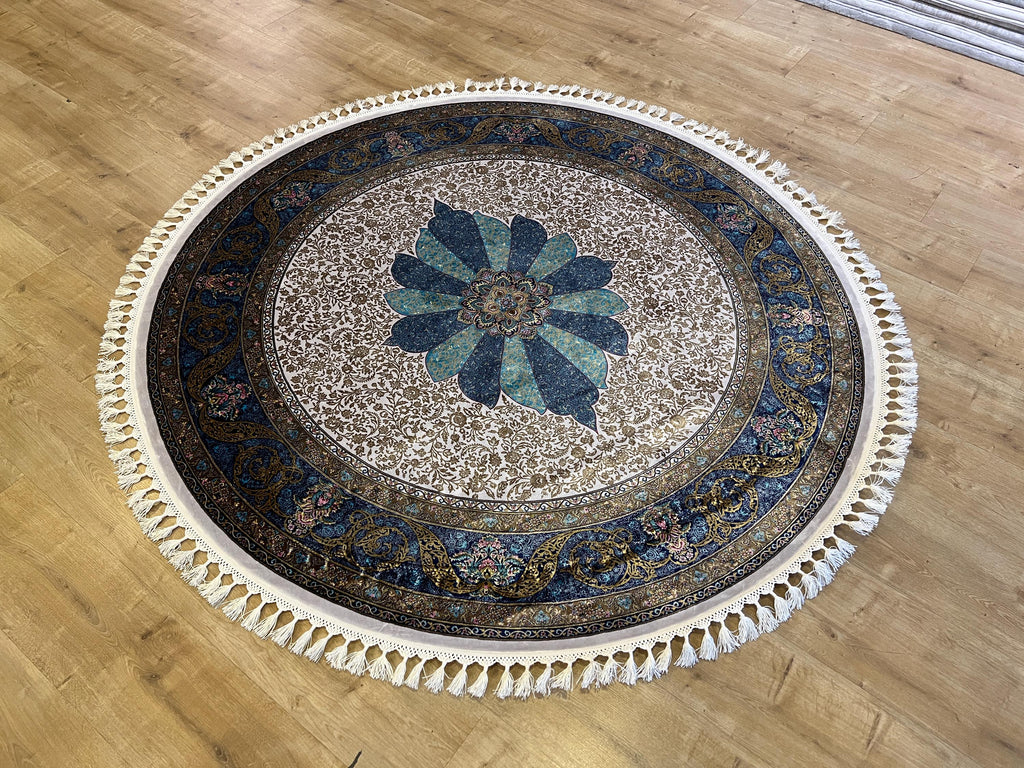 Ivory Silk Rug, Gold Pattern With Blue Medallion, Classic Luxury Area Rug
