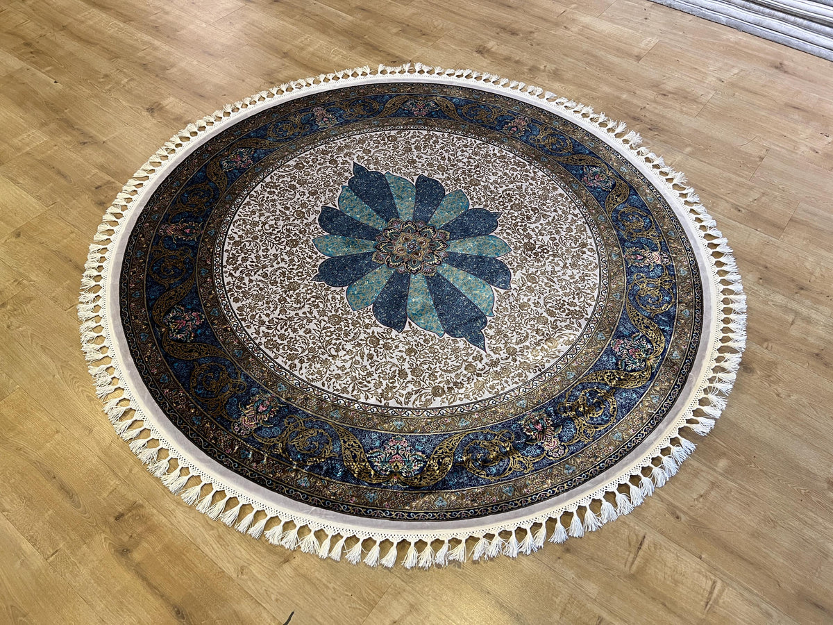 Ivory Silk Rug, Gold Pattern With Blue Medallion, Classic Luxury Area Rug