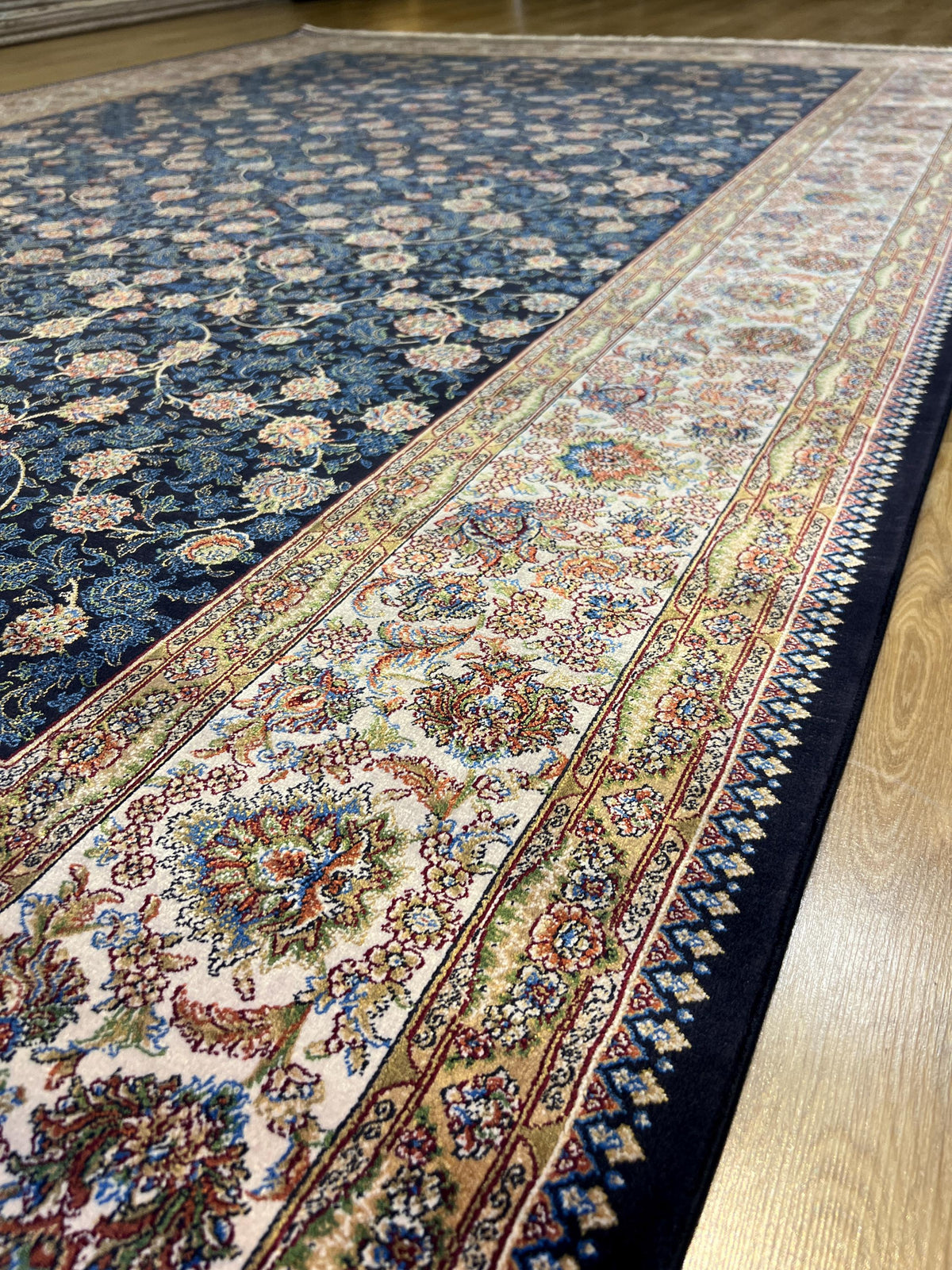 7x10 ft Blue Silk Bamboo Rug with Ivory Border and Gold Pattern, Classic Design