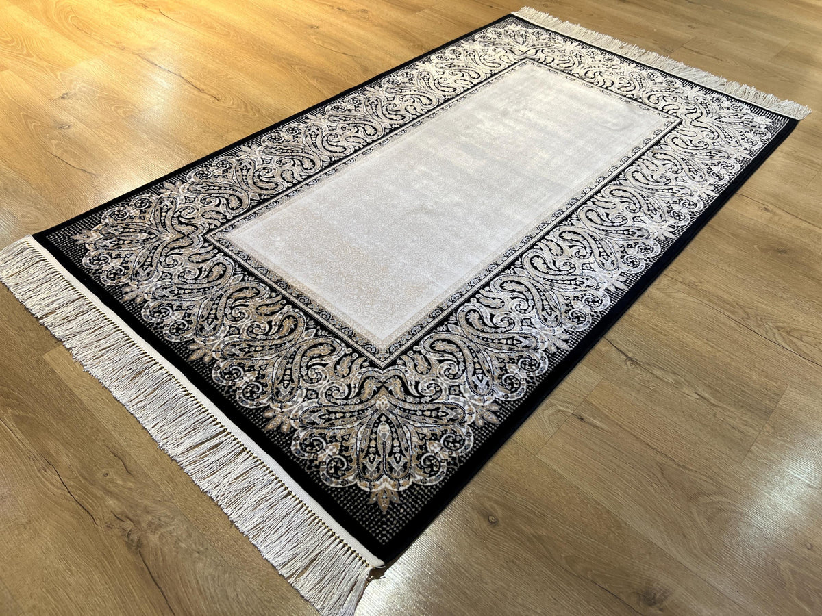 Cream Silk Rug with Black Border, 3x5 ft, Classic Luxury Small Rug