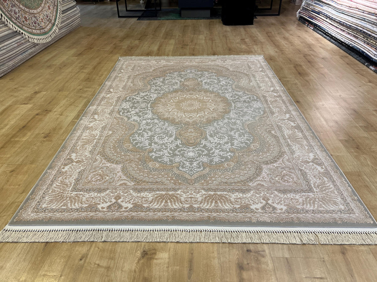 5x8 ft Gray Beige Bamboo Rug with Classic Medallion Design