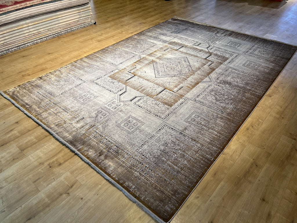 8x11 ft Gray Yellow Geometric Bamboo Rug with Ethnic Patterns, Modern Natural Carpet