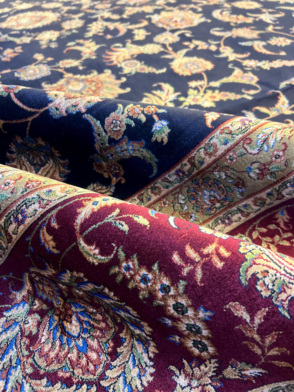 Dark Blue Red Silk Rug 10x13 ft, Turkish Ottoman Style, Oversized Soft Area Rug