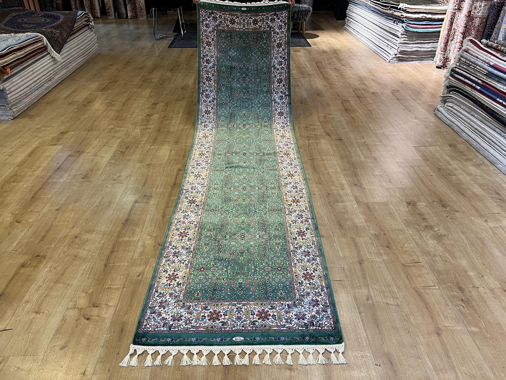 Green Floral Silk Runner Rug, Turkish Style, 3x10 ft, Classic Luxury Hallway Rug