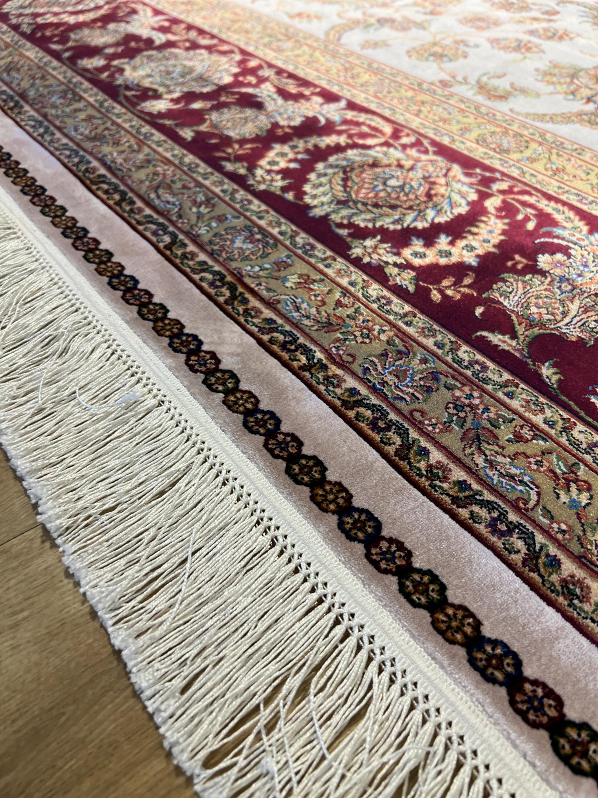 8x11 ft Ivory Silk Bamboo Rug with Red Border and Gold Pattern, Classic Design