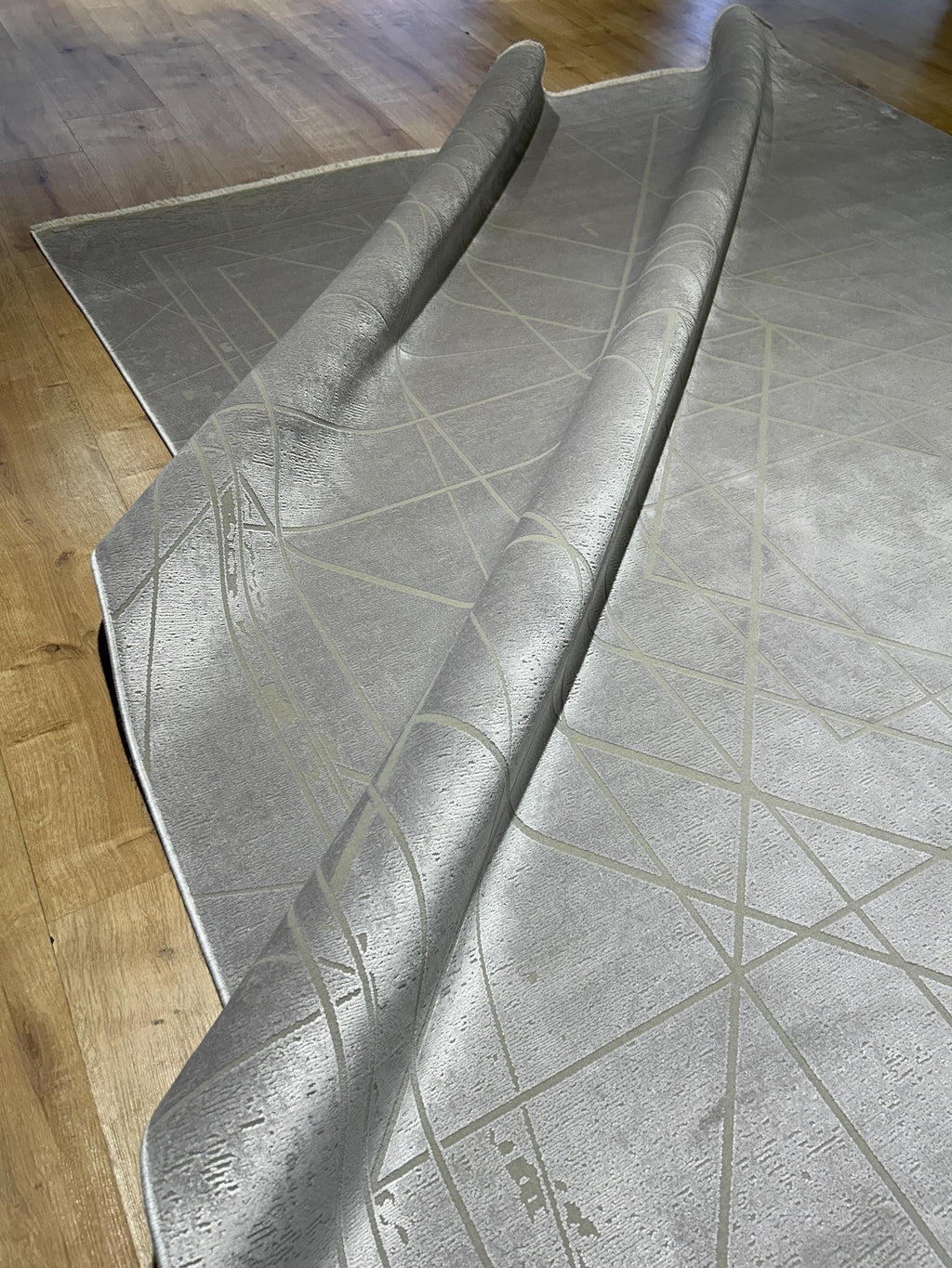 7x10 ft Gray Beige Bamboo Rug, Geometric Striped Pattern, Abstract Modern Area Rug