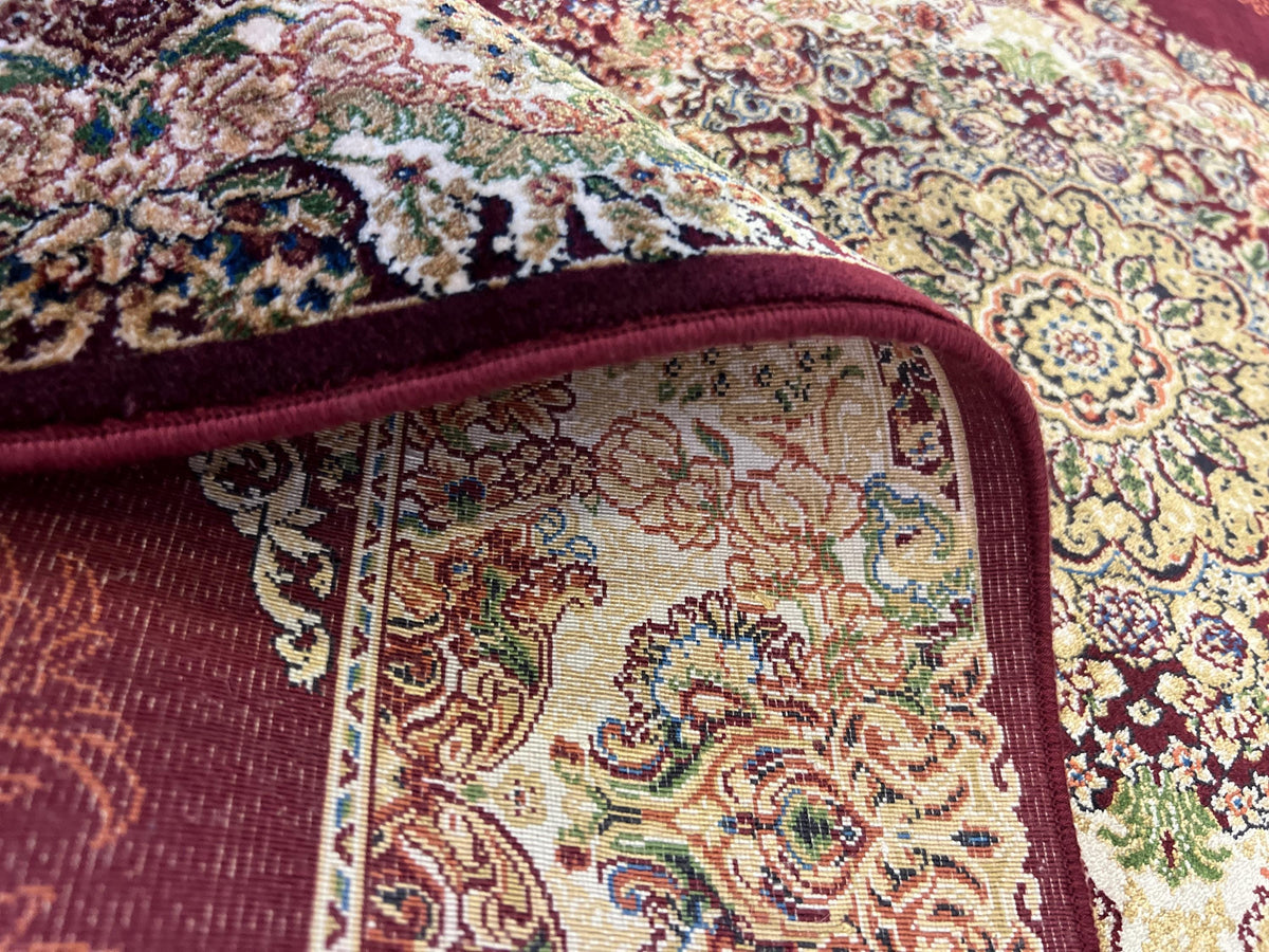 Red Silk Rug with Gold and Green Medallion, 3x5 ft, Classic Small Rug
