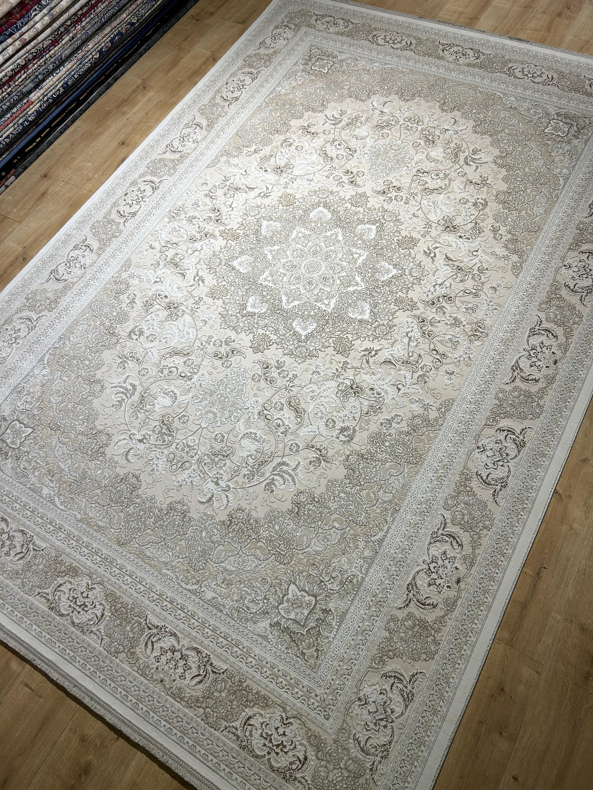 Cream Beige Brown Bamboo Rug, Classic Medallion Bamboo Carpet, Turkish Style Home Decor
