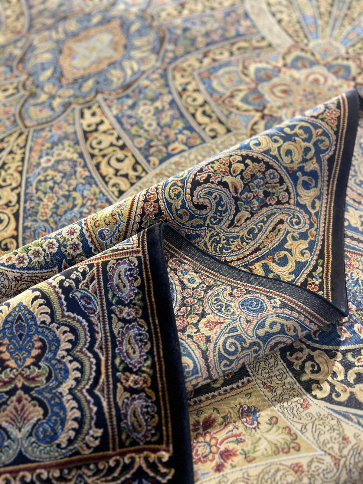 Blue Gold Silk Palace Rug, 8x11 ft, Traditional Turkish Carpet