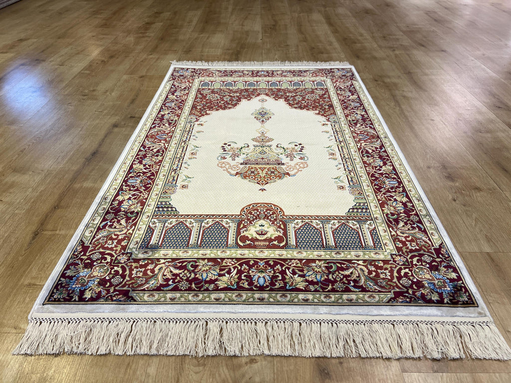 Silk Prayer Rug, Red Cream Muslim Gift Mat, Janamaz Rug 2.62x4.10 ft