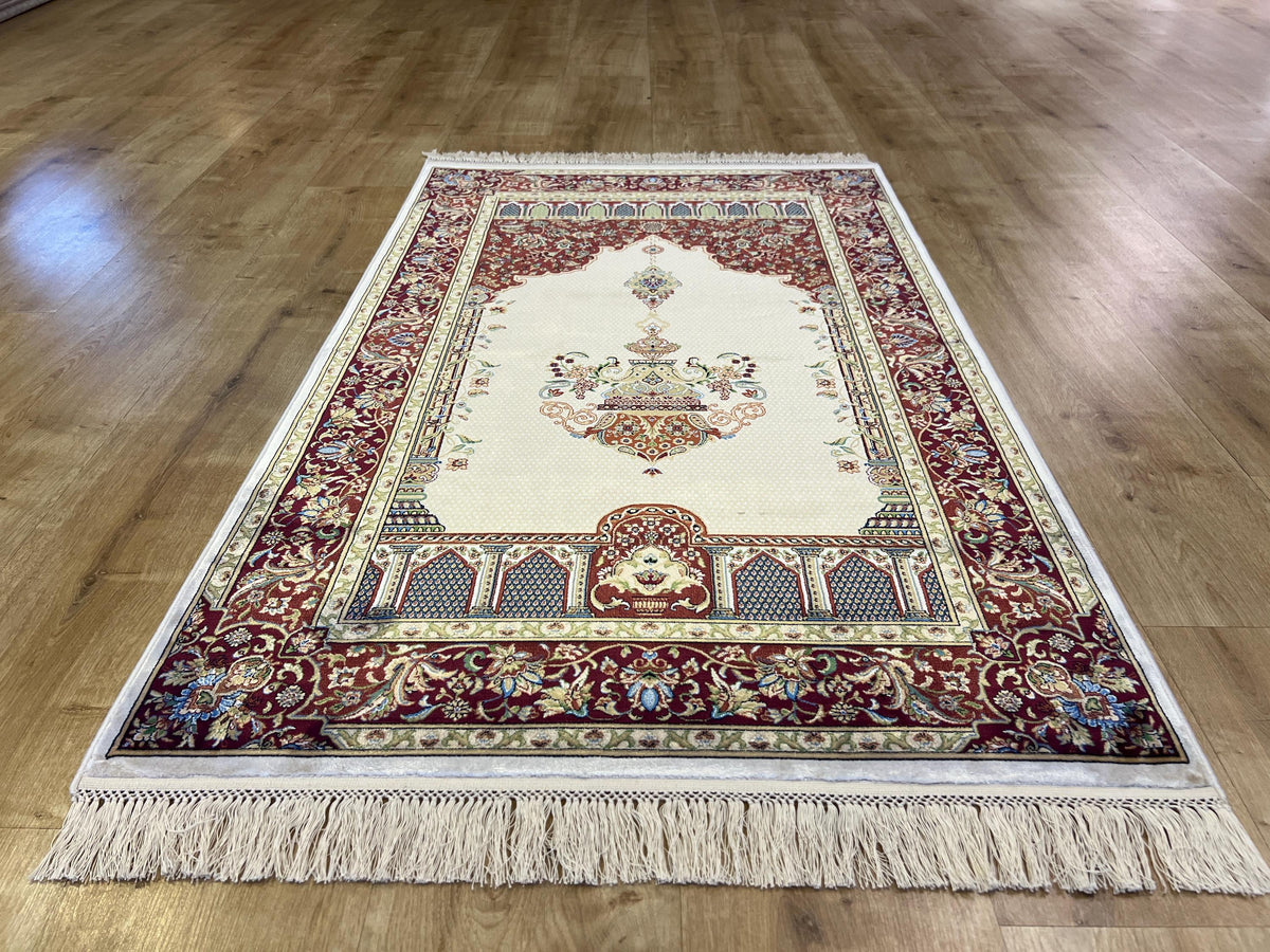 Silk Prayer Rug, Red Cream Muslim Gift Mat, Janamaz Rug 2.62x4.10 ft