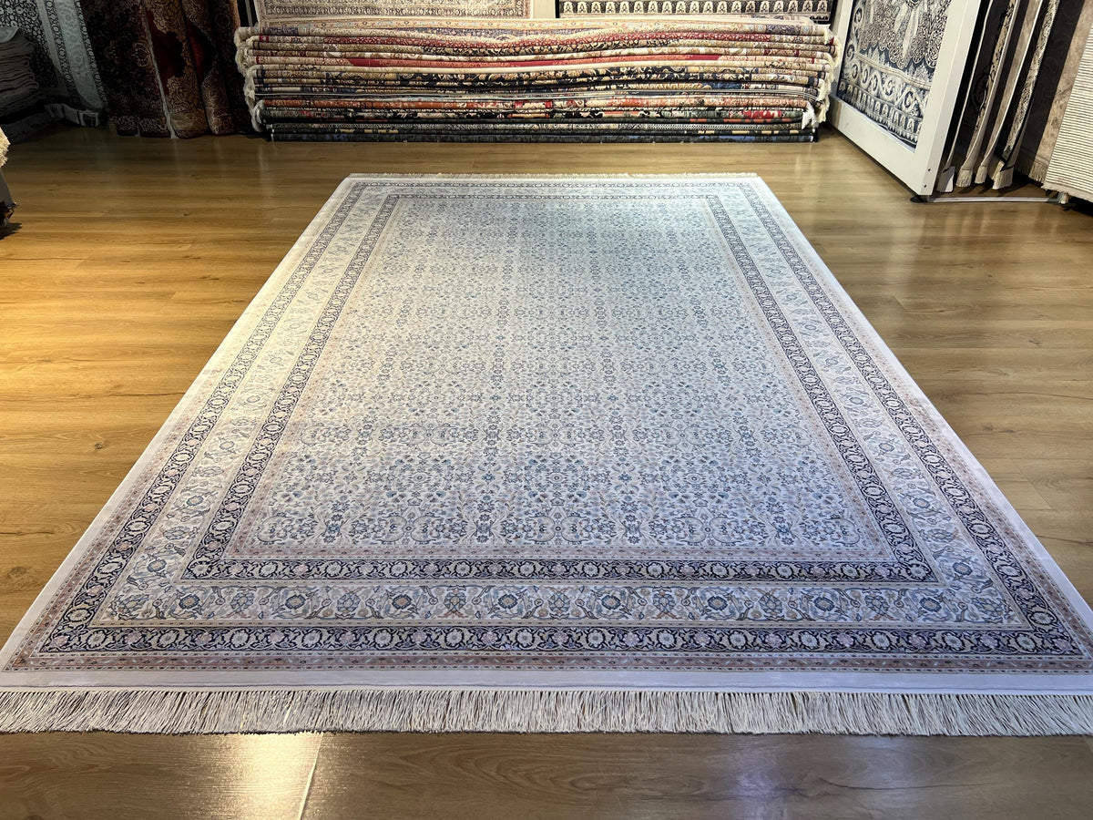 7x10 ft Ivory Silk Rug with Floral Border, Oversize Rug, Classic Turkish Style