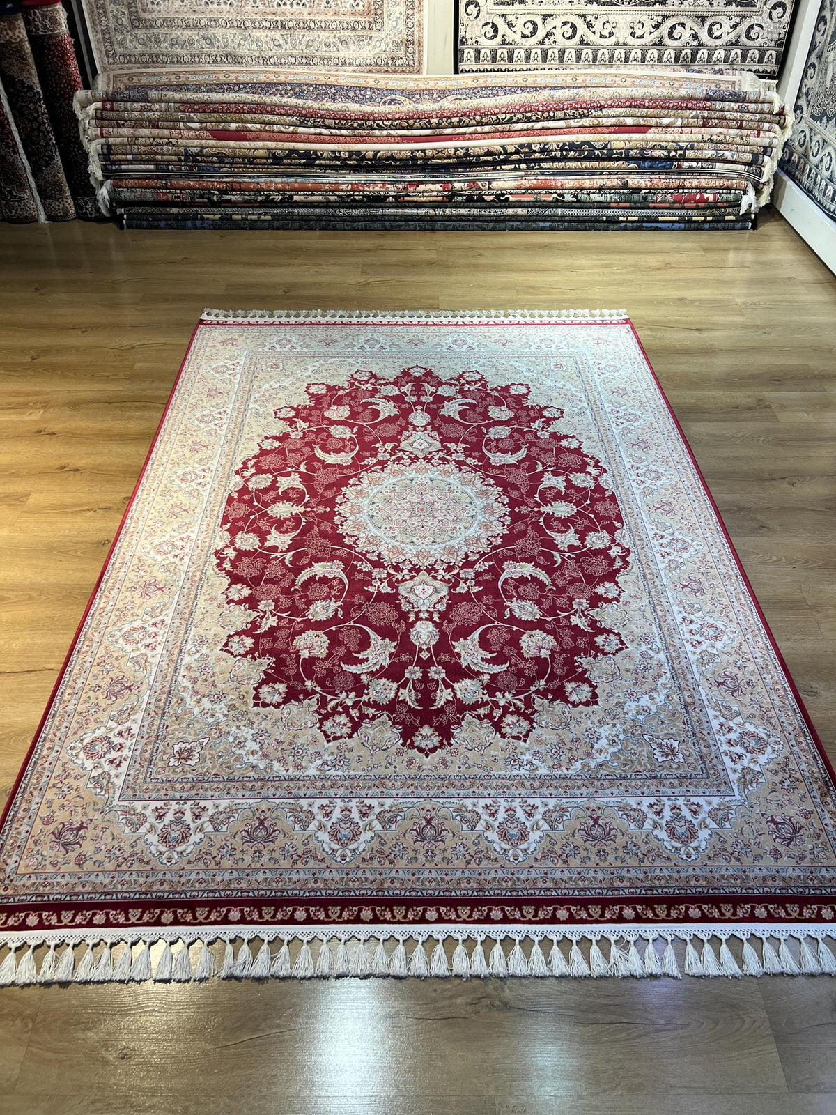 5x8 ft Classic Silk Carpet, Red Base Gold Medallion, Turkish Style
