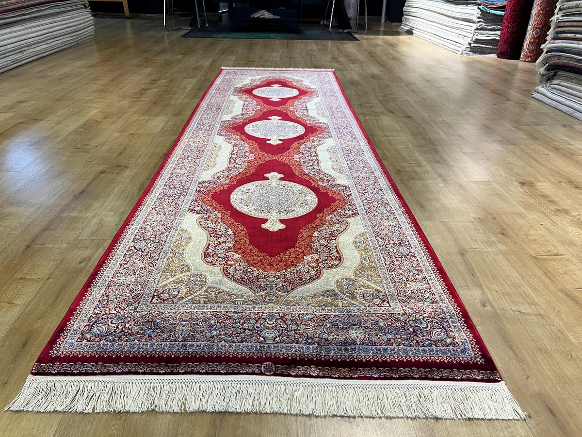 Red Medallion Silk Turkish Rug, Floral Pattern 3x10 ft Runner