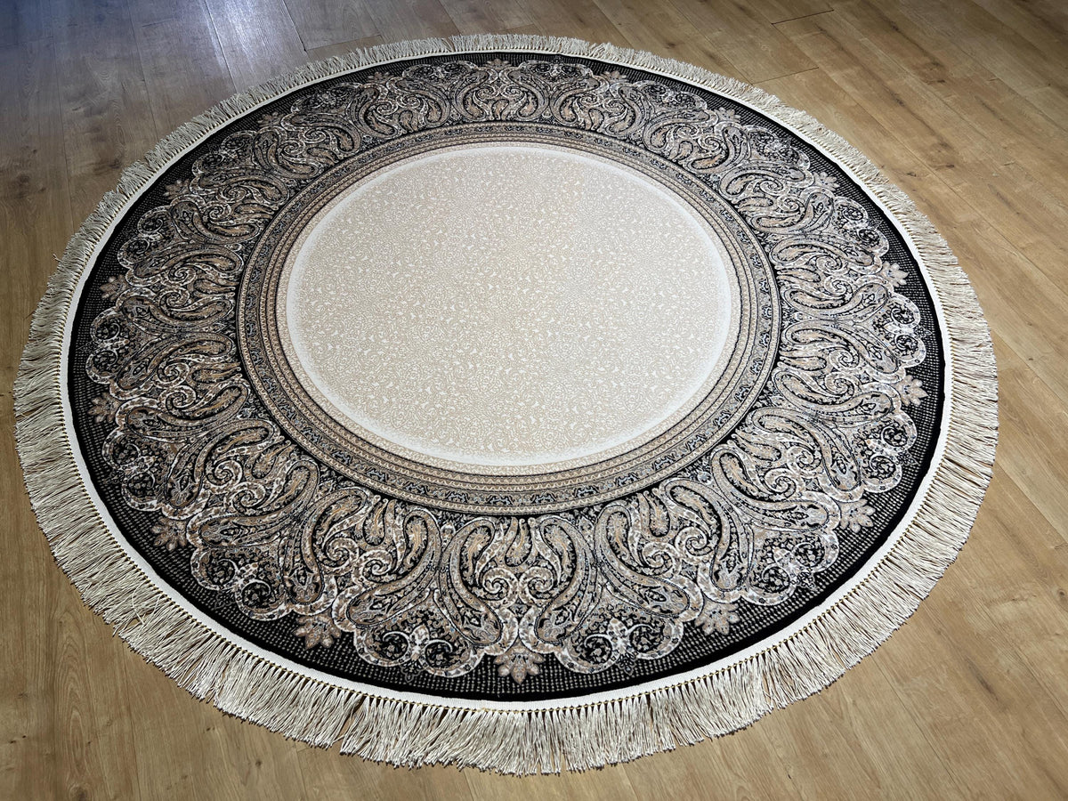 5x5 Ft Round Cream Silk Rug, Black Framed Border, Classic Luxury Turkish Rug