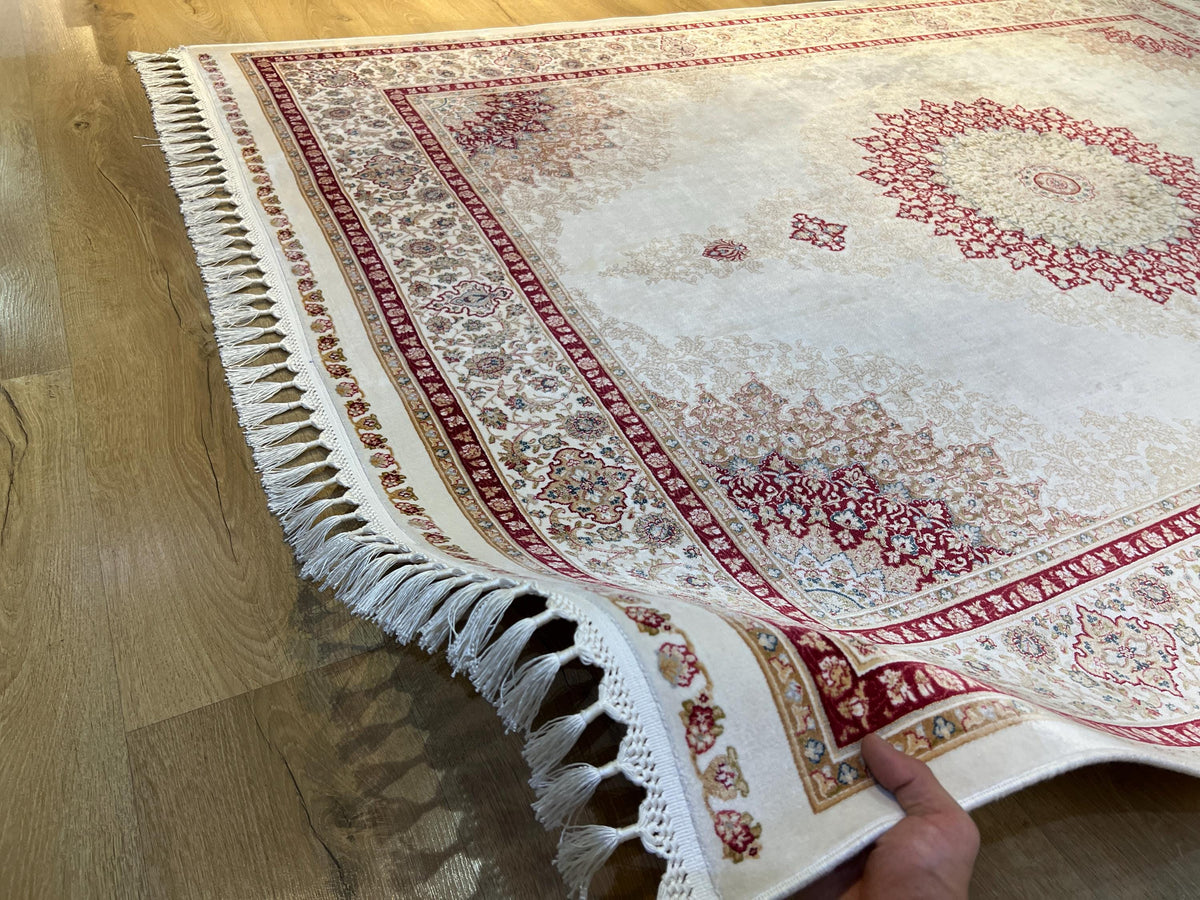 5x8 ft Ivory Bamboo Silk Rug, Red Medallion Classic Turkish Carpet