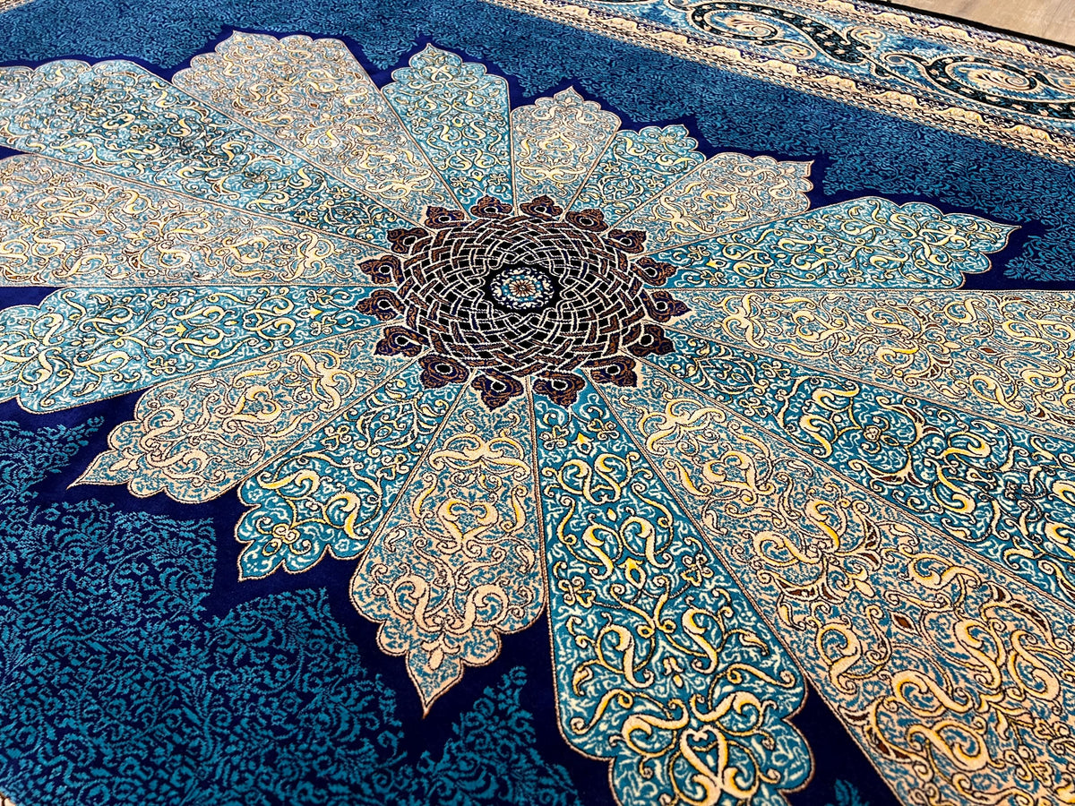 5x8 ft Blue Silk Rug, Classic Medallion Design, Luxury Home Decor