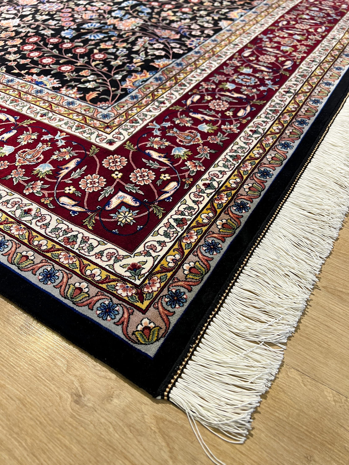 7x10 Ft Black Traditional Silk Rug With Red Border, Floral Classic Design