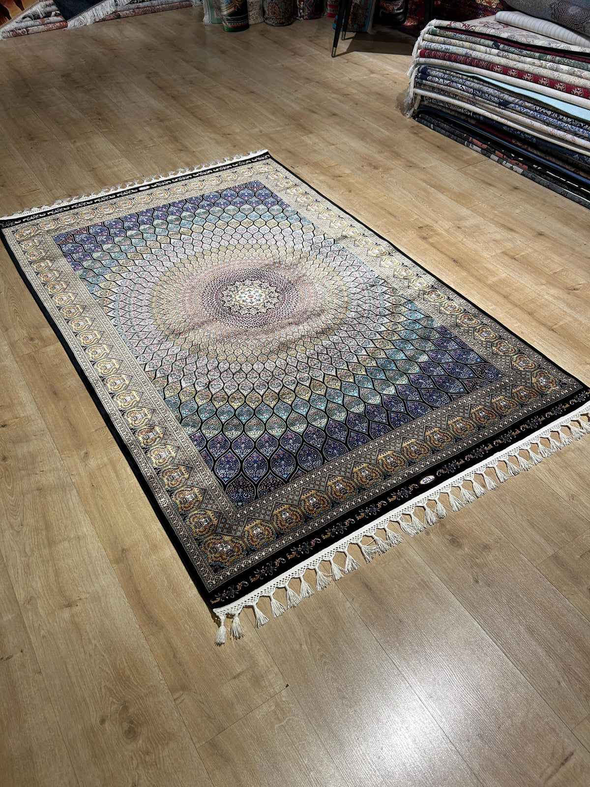 4x6 ft Blue Gold Silk Rug, Medallion Design, Classic Turkish Style Carpet, Luxury Rug