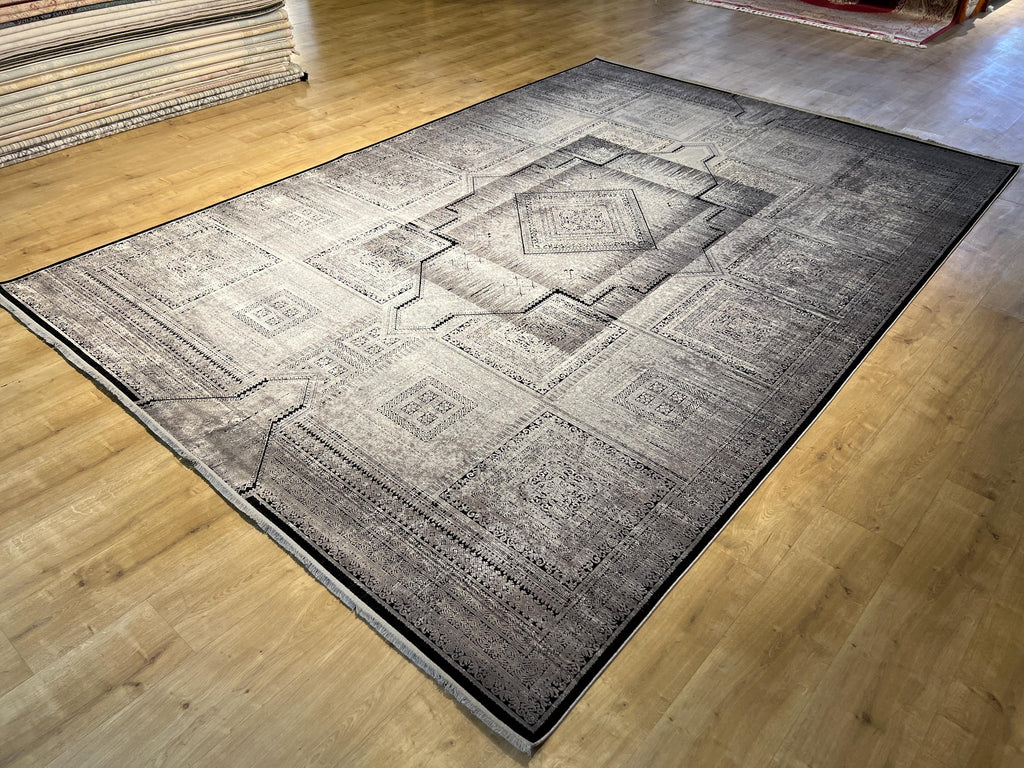 8x11 ft Gray Geometric Bamboo Rug with Ethnic Patterns, Modern Natural Carpet