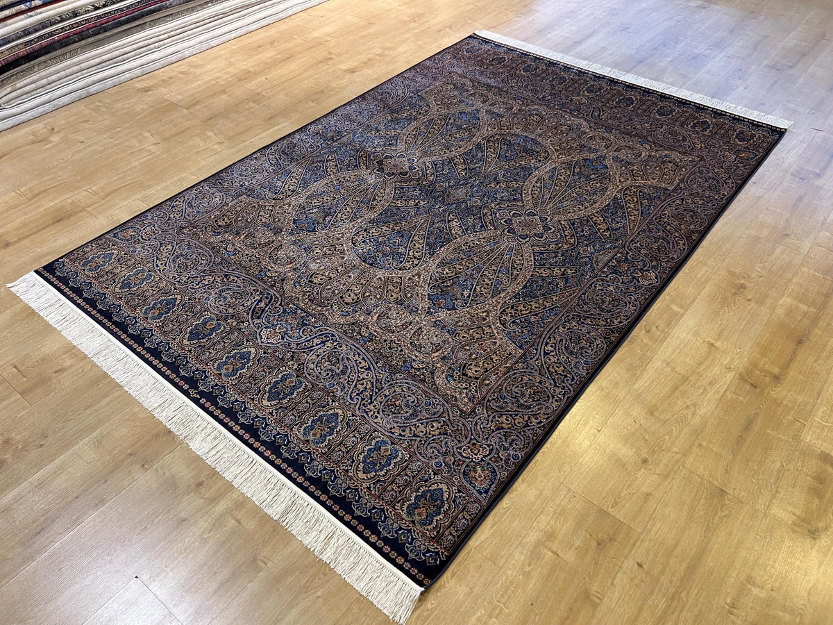 5x8 ft Blue Gold Silk Rug, Classic Turkish Carpet, Luxury Floral Design, Area Rug