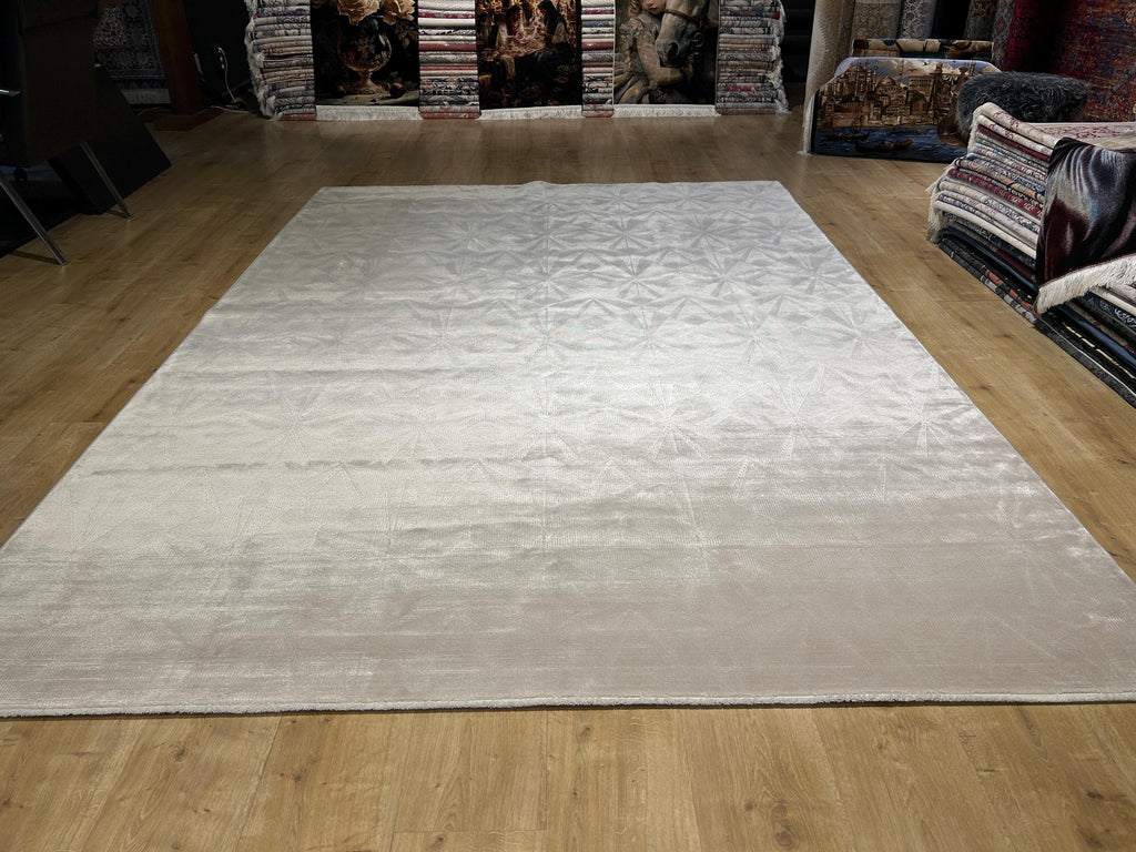 7x10 ft Ivory Cream Bamboo Rug, Geometric Striped Modern Area Rug