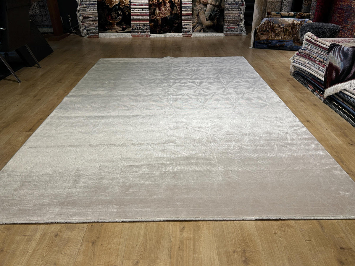 7x10 ft Ivory Cream Bamboo Rug, Geometric Striped Modern Area Rug