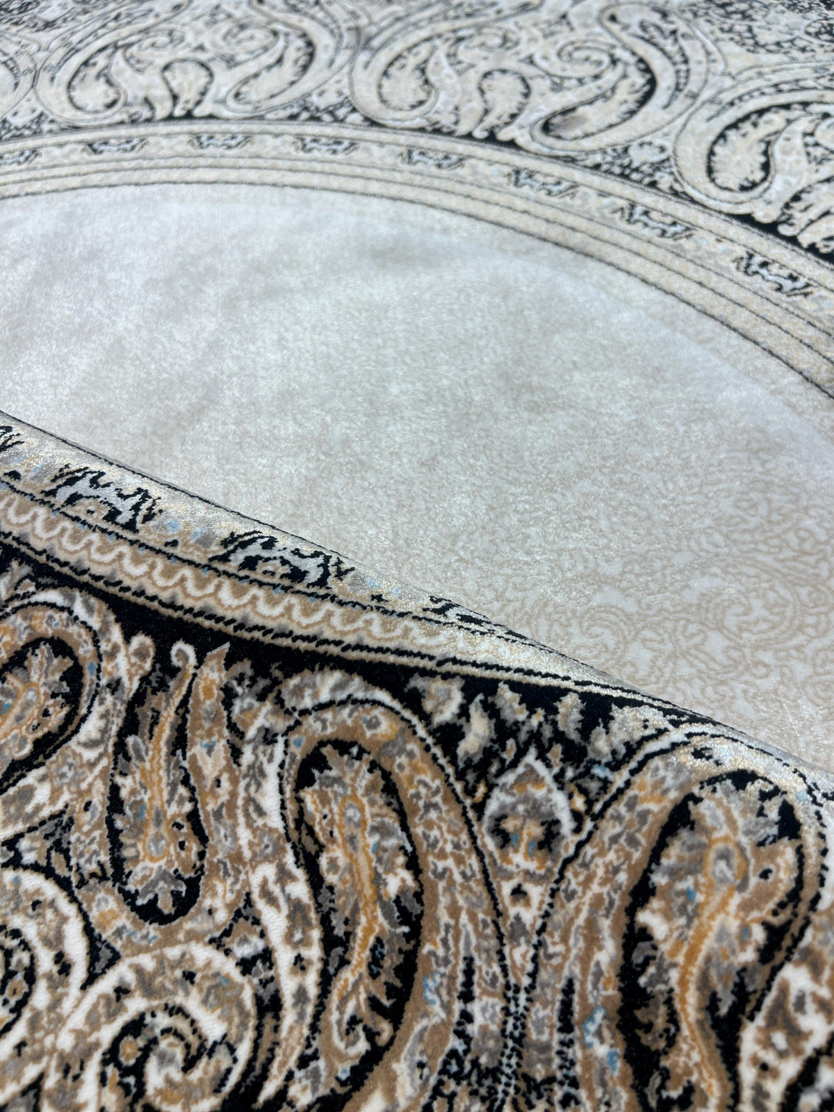 5x5 Ft Round Cream Silk Rug, Black Framed Border, Classic Luxury Turkish Rug